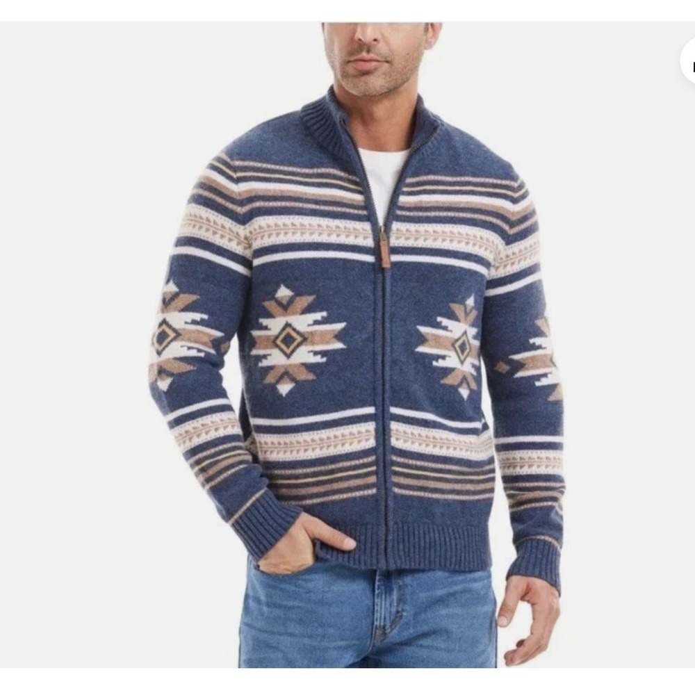 Frye Sweater Mens  Size XL Full Zip Blue Southwestern Geometric Knit Cardigan